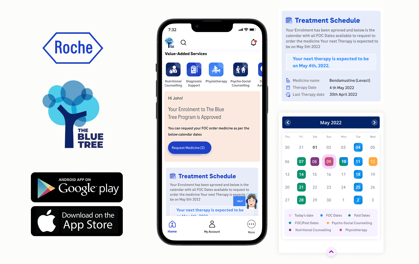 Blue Tree mobile patient support experience, including treatment schedule and calendar