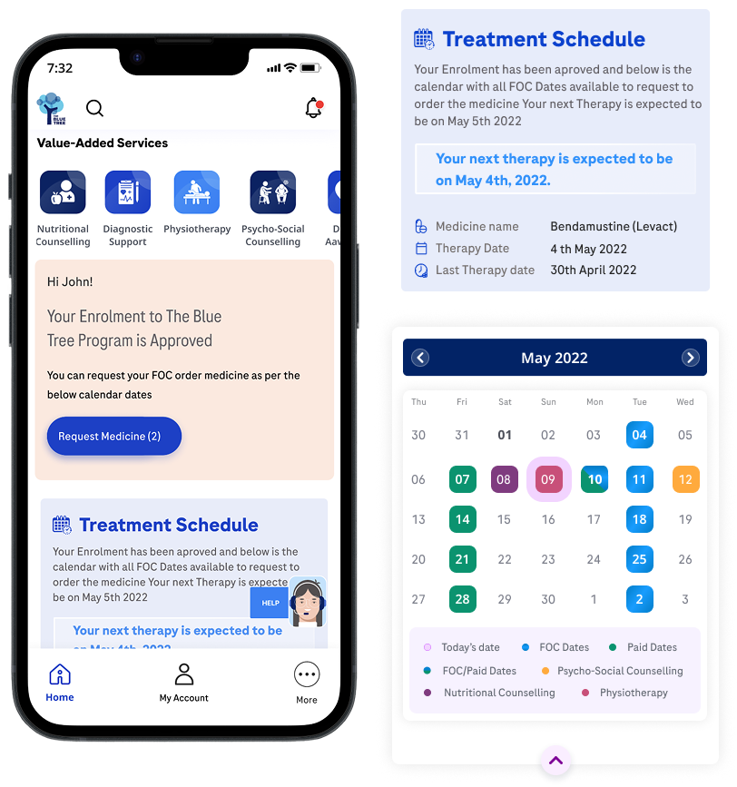 Blue Tree treatment schedule with value-added services and calendar