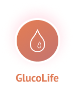 GlucoLife logo with a glucose-drop symbol