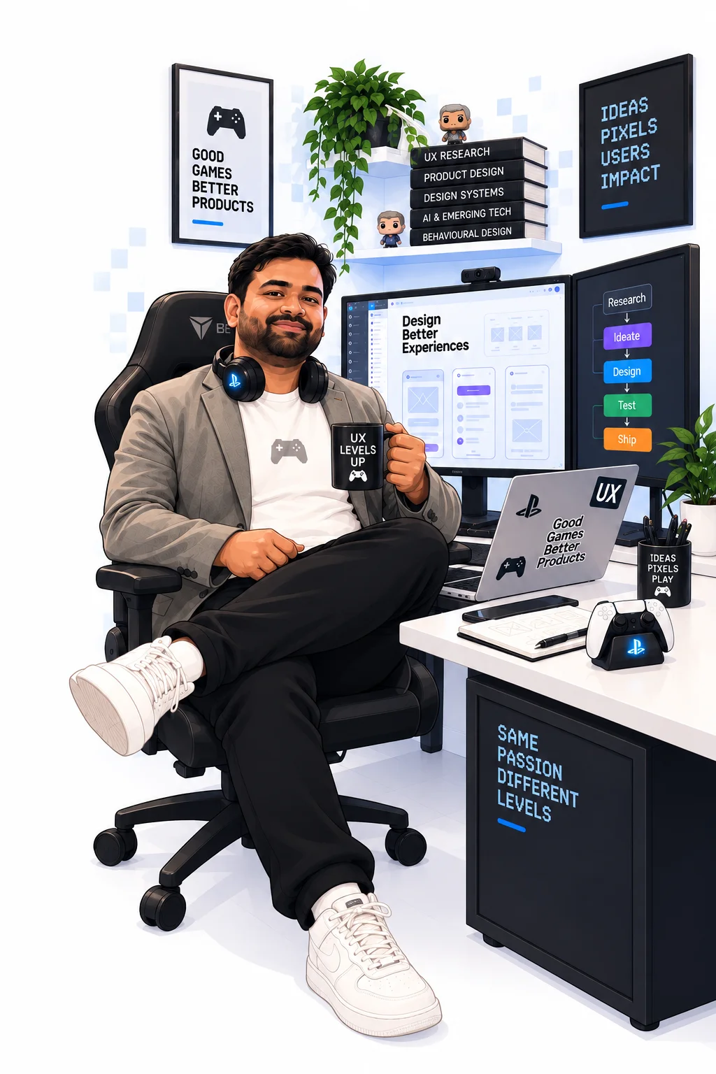 Illustration of Karthik at his design and gaming workspace