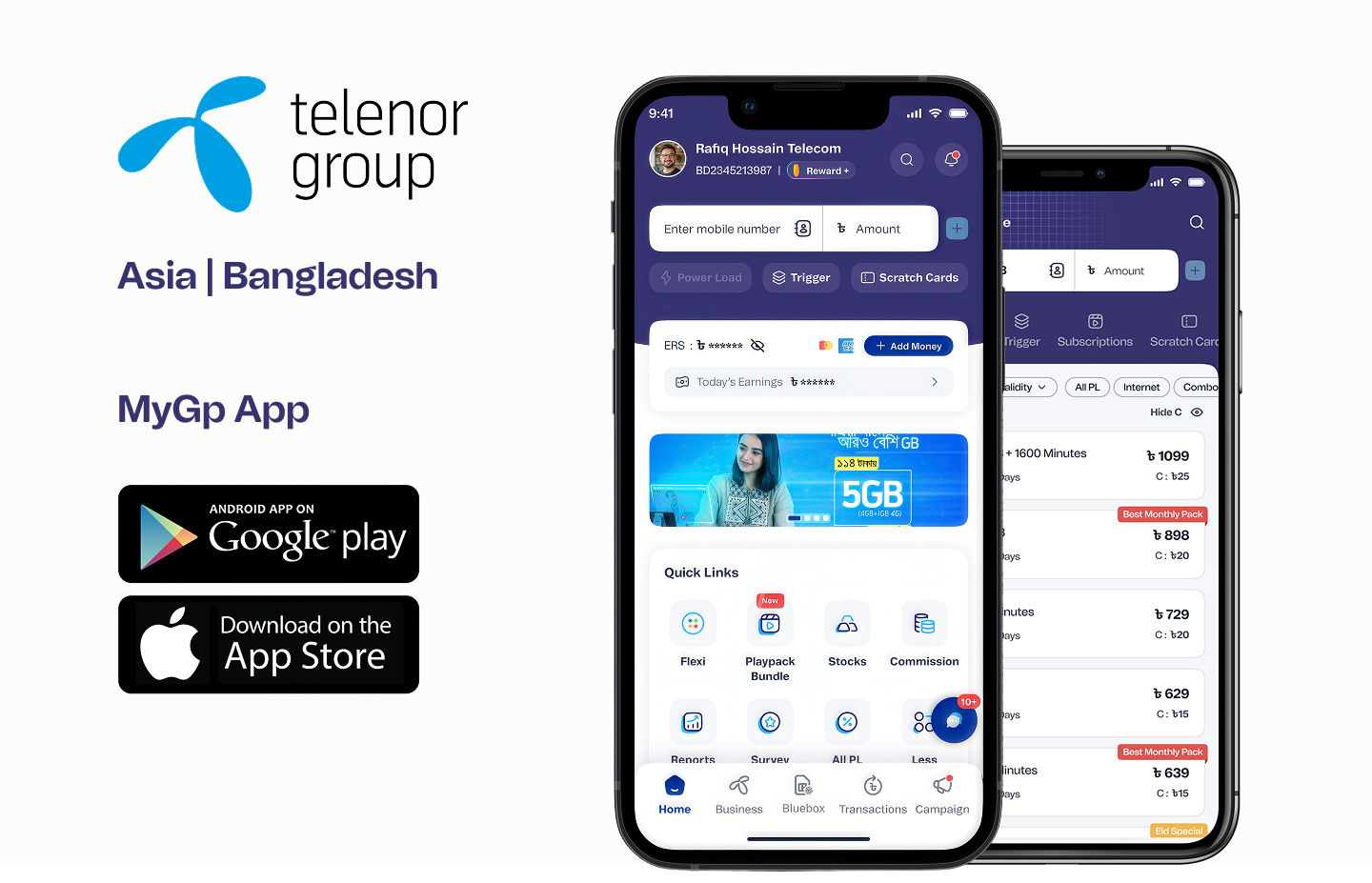 myGP telecom ecosystem across Bangladesh, presented with consumer and service-agent mobile experiences