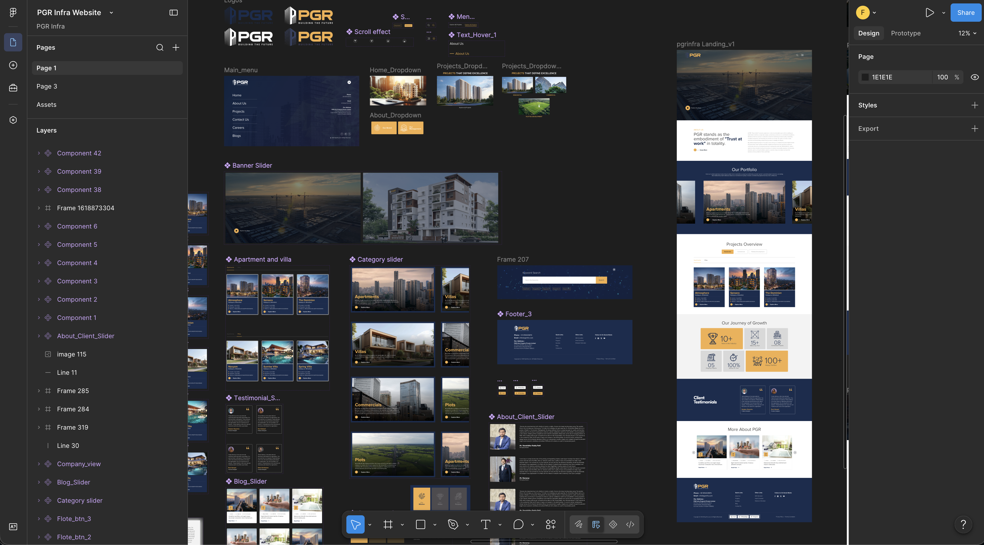 PGR Infra website design system and page architecture in Figma