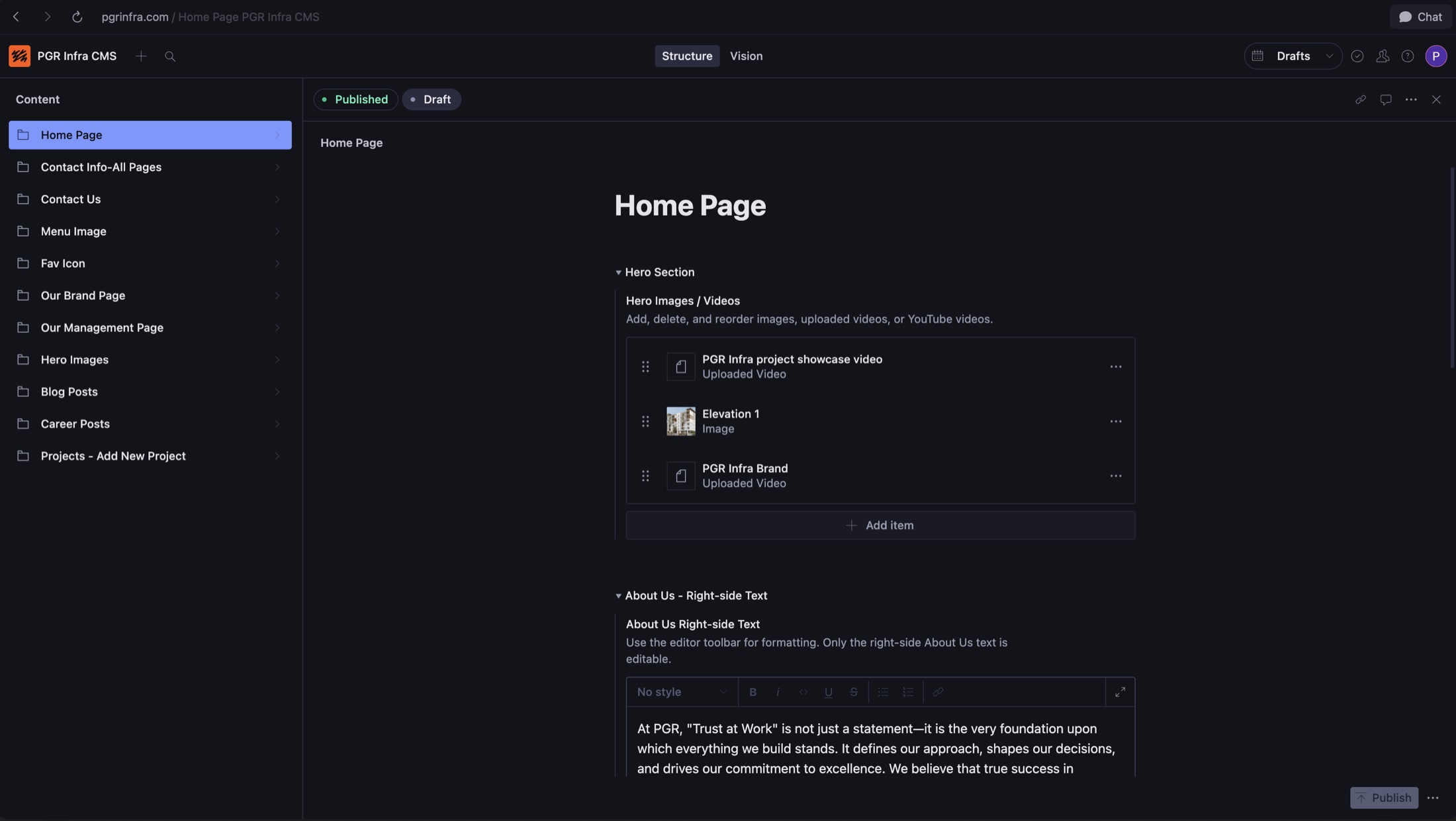 PGR Infra CMS: Homepage